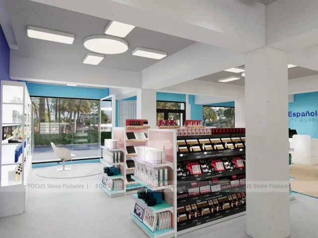 Beauty Supply Entry Aisle with Side Island Shelving for Wig Shop