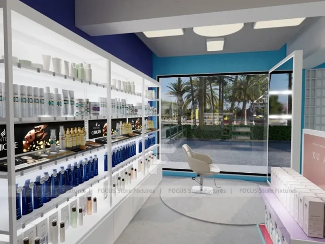 Beauty Supply Entry Aisle with Side Island Shelving for Wig Shop