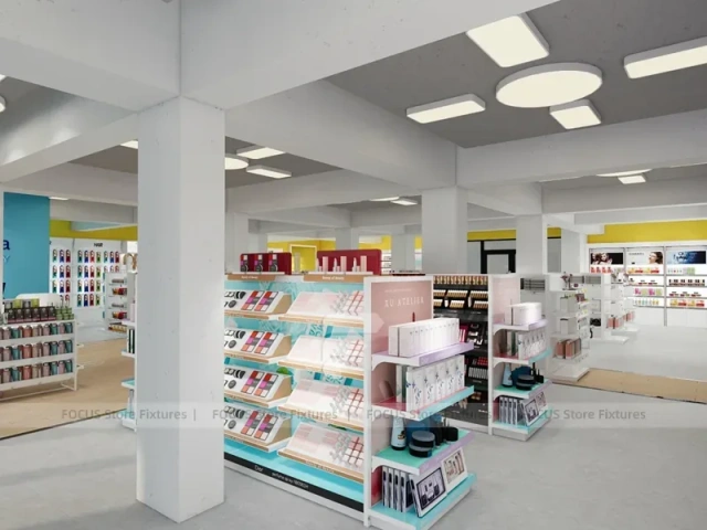 Beauty Supply Entry Aisle with Side Island Shelving for Wig Shop