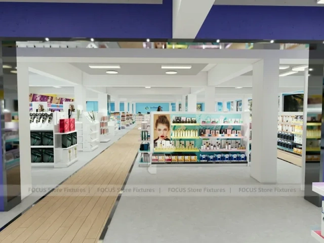 Beauty Supply Entry Aisle with Side Island Shelving for Wig Shop