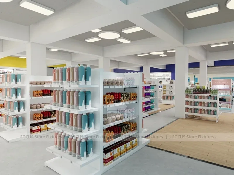 Beauty Supply Entry Aisle with Side Island Shelving for Wig Shop
