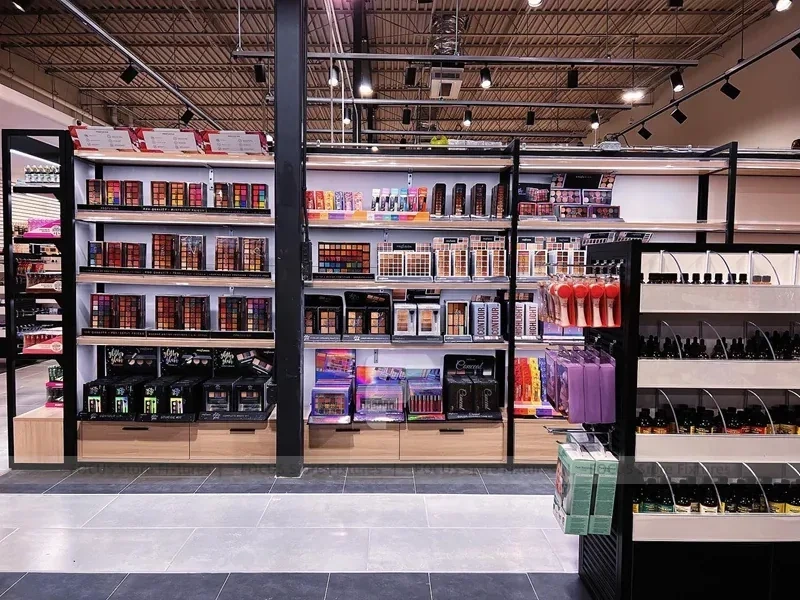 Black Beauty Supply Aisle and Wall Shelving Boutique Layout for Wig Shop