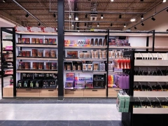 Black Beauty Supply Aisle and Wall Shelving Boutique Layout for Wig Shop