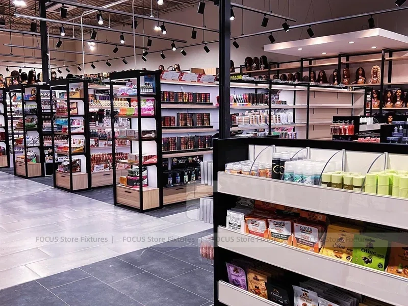 Black Beauty Supply Aisle and Wall Shelving Boutique Layout for Wig Shop