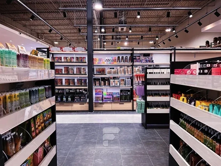 Black Framed Beauty Supply Supermarket with Central Gondolas for Wig Shop