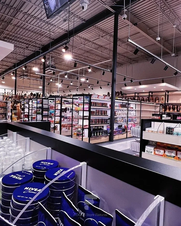 Black Framed Beauty Supply Supermarket with Central Gondolas for Wig Shop