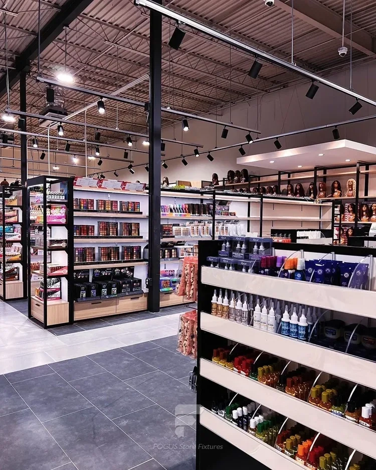 Black Framed Beauty Supply Supermarket with Central Gondolas for Wig Shop