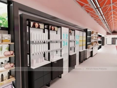 Black Framed Beauty Supply Wall Shelving with Front Counters for Wig Shop