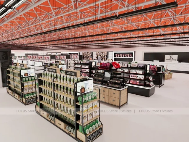 Black Framed Beauty Supply Wall Shelving with Front Counters for Wig Shop