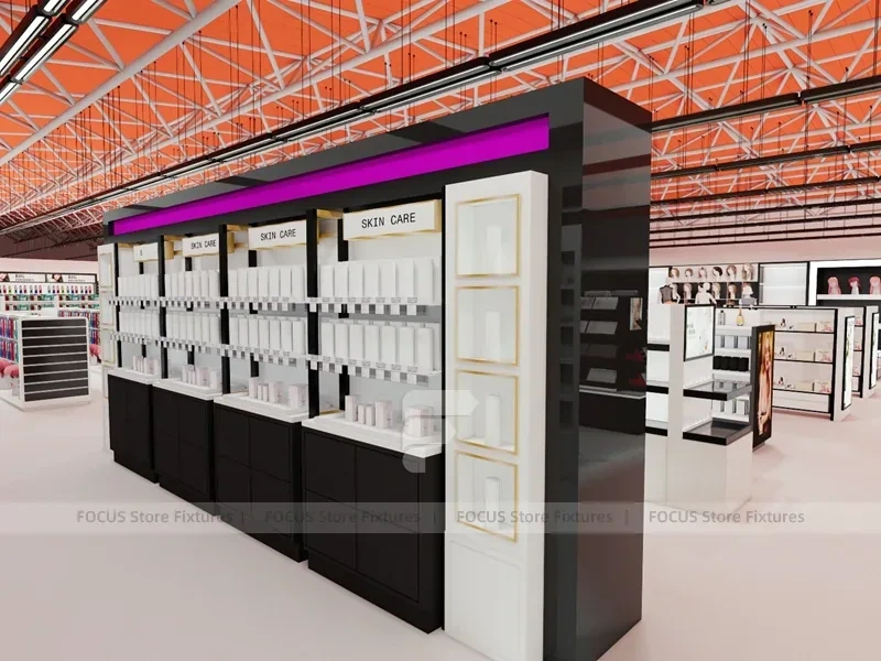 Black Framed Beauty Supply Wall Shelving with Front Counters for Wig Shop
