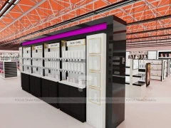 Black Framed Beauty Supply Wall Shelving with Front Counters for Wig Shop