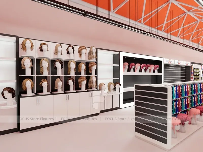 Black Framed Beauty Supply Wall Shelving with Front Counters for Wig Shop
