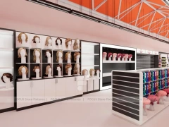 Black Framed Beauty Supply Wall Shelving with Front Counters for Wig Shop