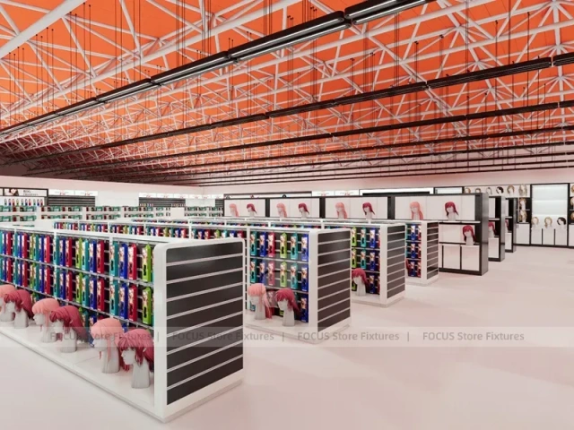 Black Framed Beauty Supply Wall Shelving with Front Counters for Wig Shop