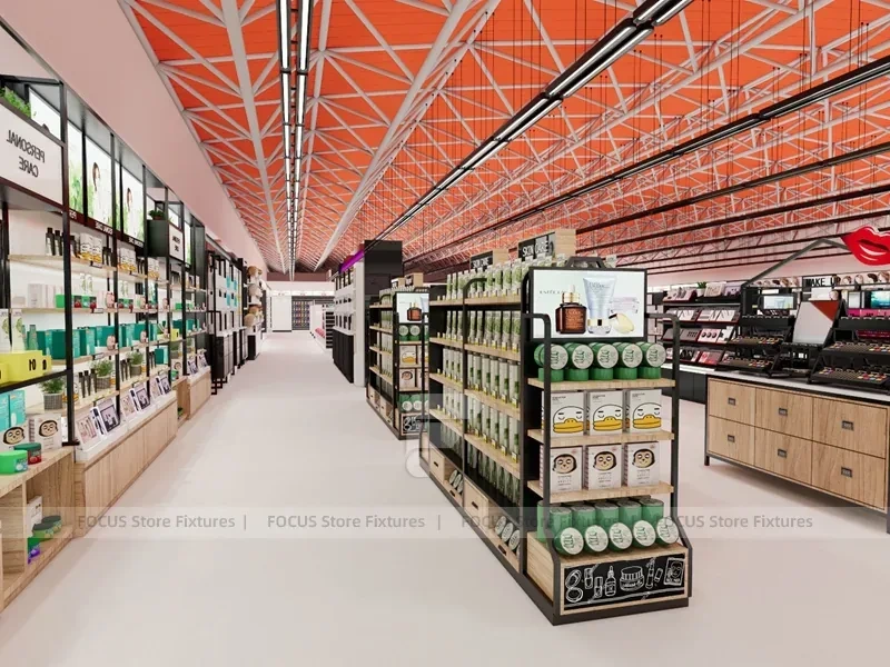 Black Framed Beauty Supply Wall Shelving with Front Counters for Wig Shop