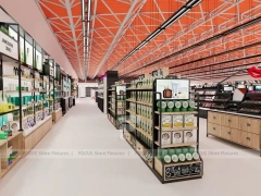 Black Framed Beauty Supply Wall Shelving with Front Counters for Wig Shop