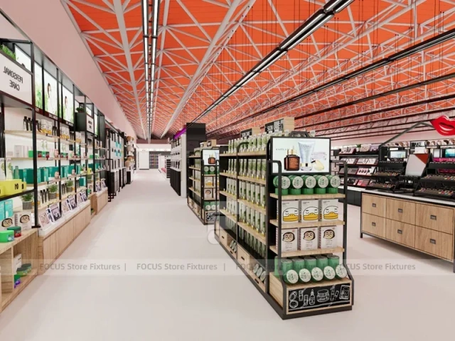 Black Framed Beauty Supply Wall Shelving with Front Counters for Wig Shop