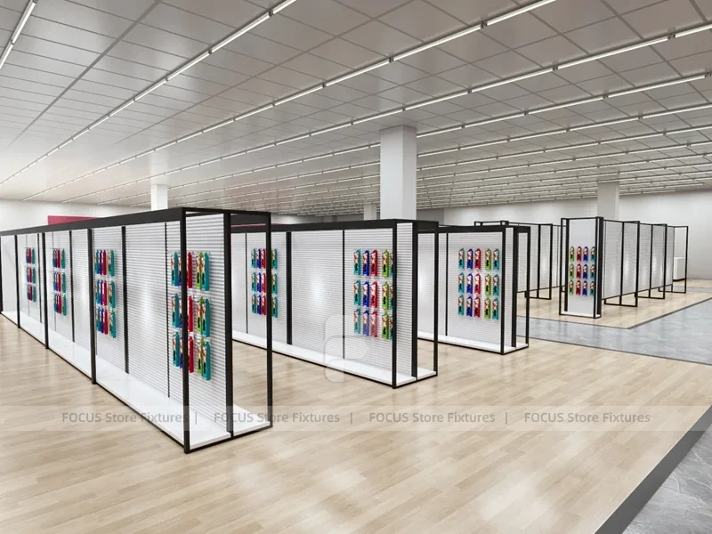 Black Framed Empty Slatwall Aisle System for Wig Store