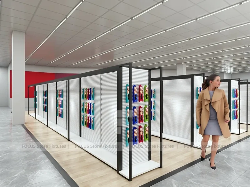 Black Framed Empty Slatwall Aisle System for Wig Store