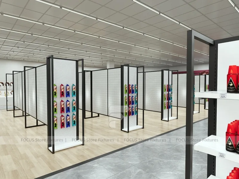 Black Framed Empty Slatwall Aisle System for Wig Store