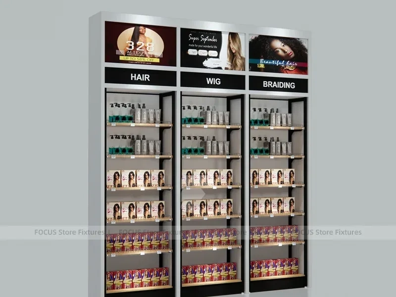Black Framed Hair and Wig Category Wall Cabinets for Beauty Store