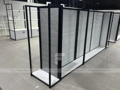 Black Framed Slatwall Partitions with Angled Corridor Layout for Wig Store