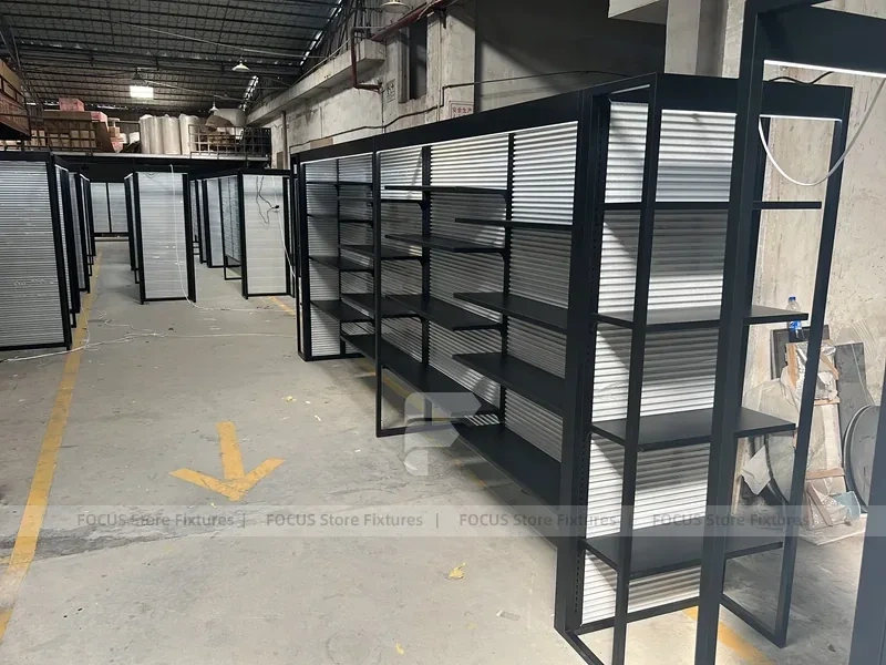 Black Metal Slatwall Shelving Aisle with Perimeter Frame for Wig Store