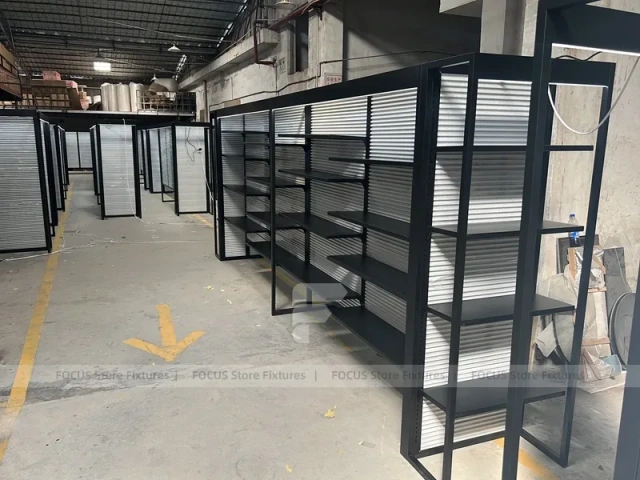 Black Metal Slatwall Shelving Aisle with Perimeter Frame for Wig Store