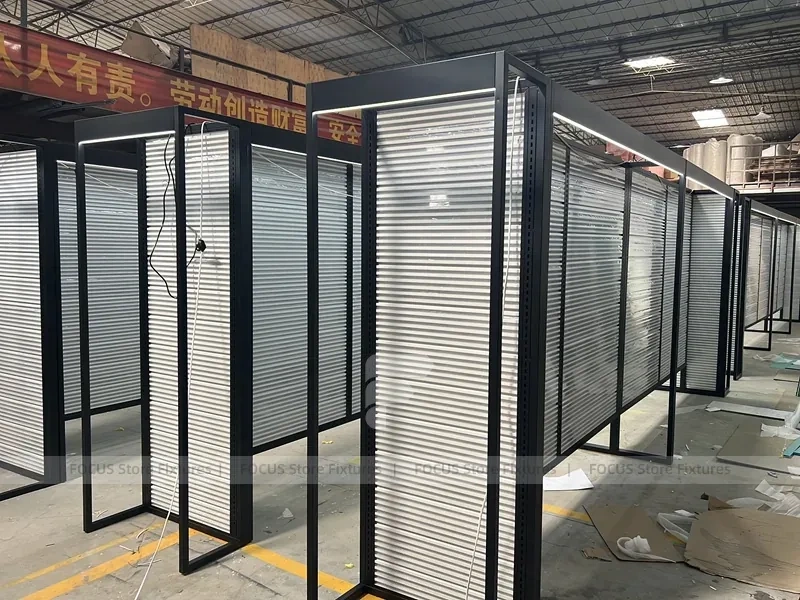 Black Metal Slatwall Shelving Aisle with Perimeter Frame for Wig Store