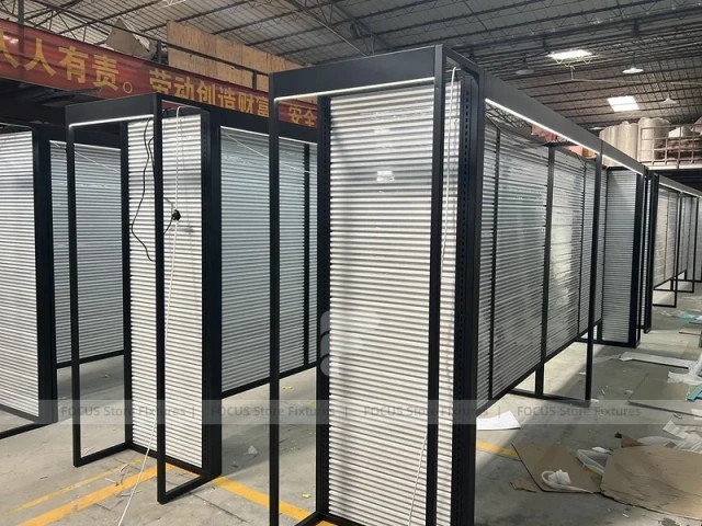 Black Metal Slatwall Shelving Aisle with Perimeter Frame for Wig Store