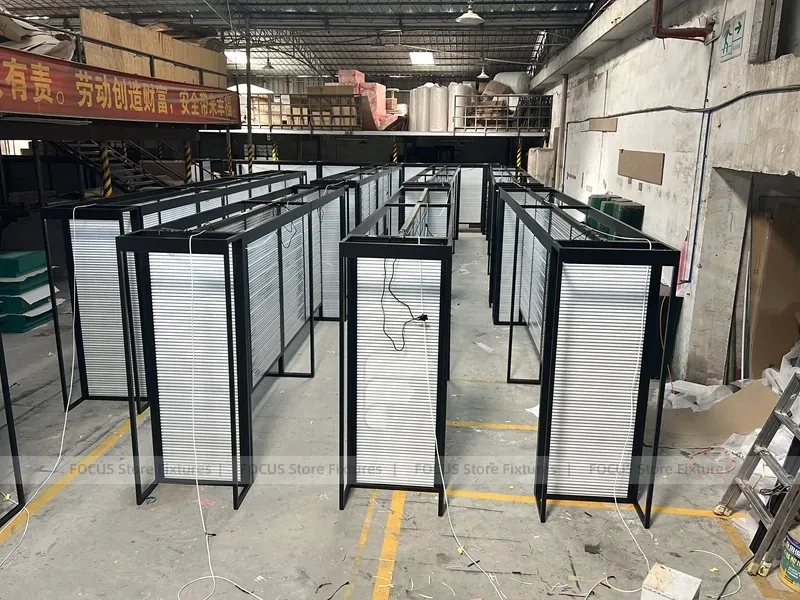 Black Metal Slatwall Shelving Aisle with Perimeter Frame for Wig Store