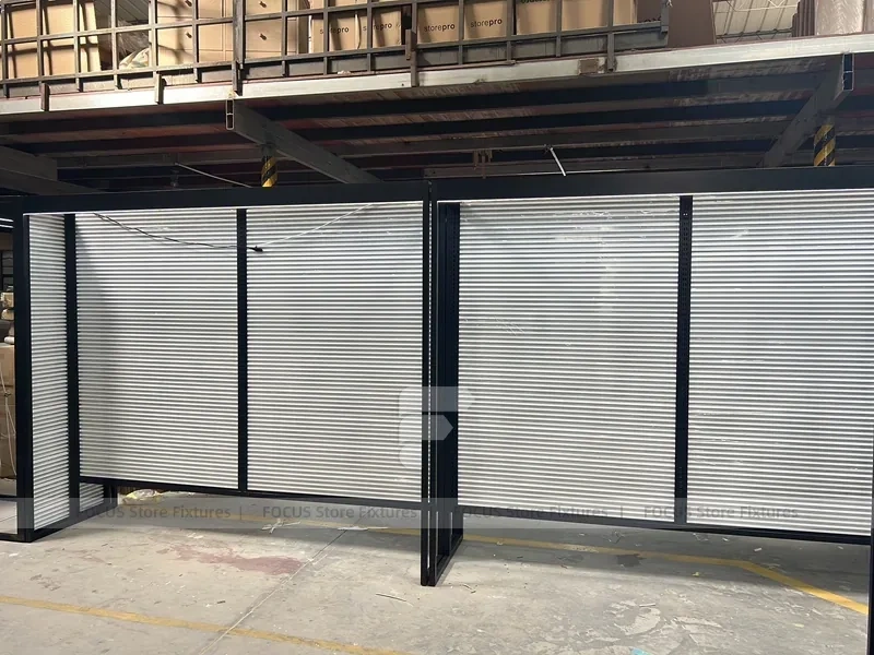 Black Metal Slatwall Shelving Aisle with Perimeter Frame for Wig Store