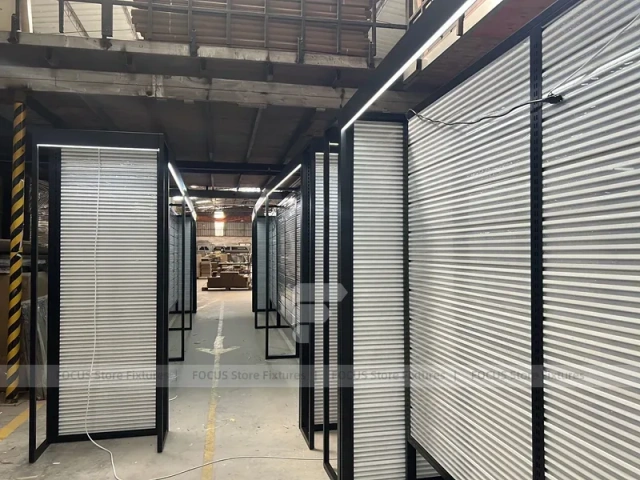 Black Metal Slatwall Shelving Aisle with Perimeter Frame for Wig Store