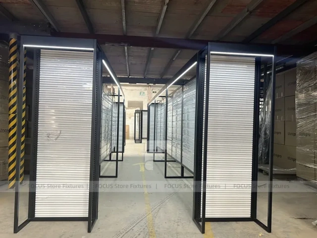 Black Metal Slatwall Shelving Aisle with Perimeter Frame for Wig Store