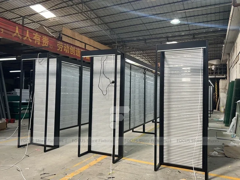 Black Metal Slatwall Shelving Aisle with Perimeter Frame for Wig Store