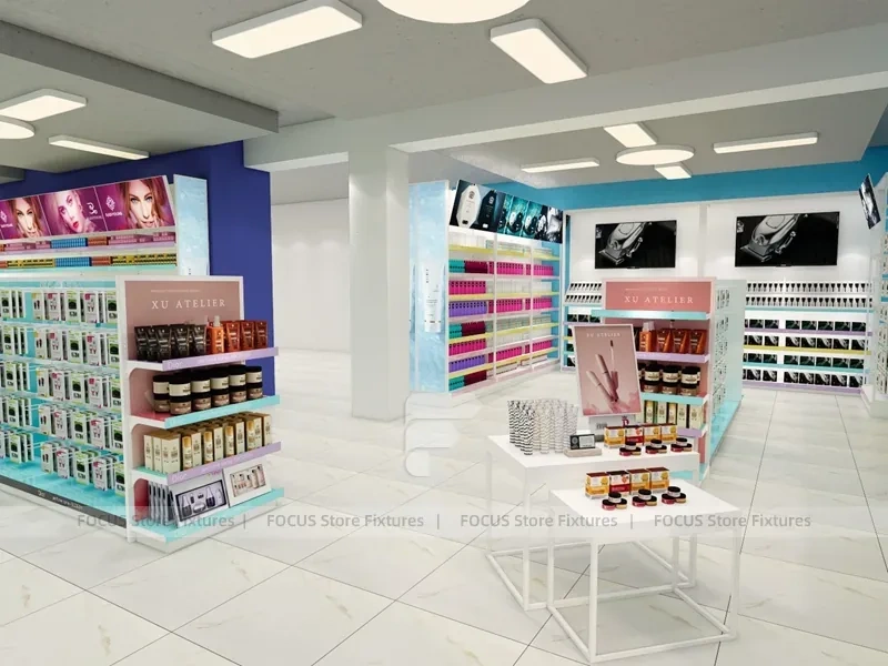 Compact Cosmetics Gondola and Wall Shelving Store Layout for Wig Shop