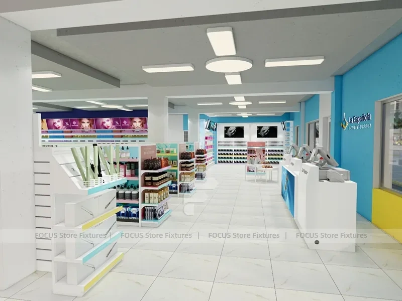 Compact Cosmetics Gondola and Wall Shelving Store Layout for Wig Shop