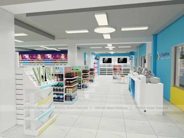 Compact Cosmetics Gondola and Wall Shelving Store Layout for Wig Shop