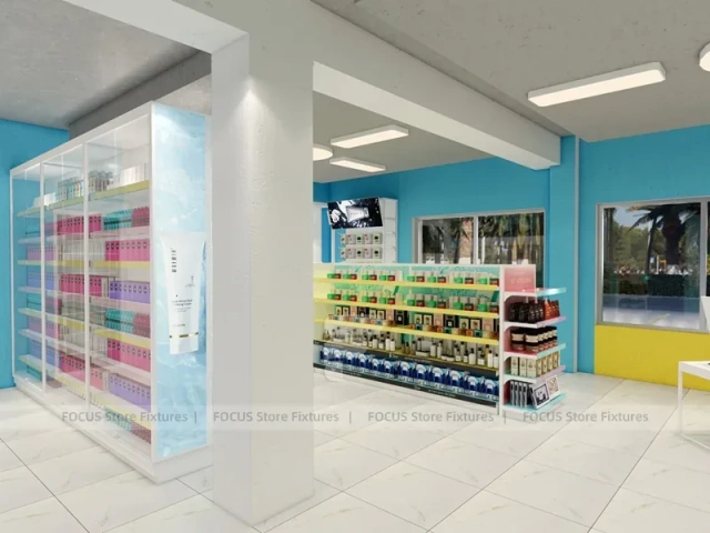 Compact Cosmetics Gondola and Wall Shelving Store Layout for Wig Shop
