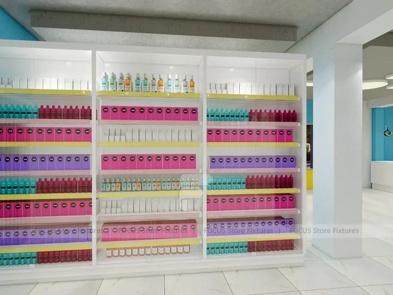 Compact Cosmetics Gondola and Wall Shelving Store Layout for Wig Shop