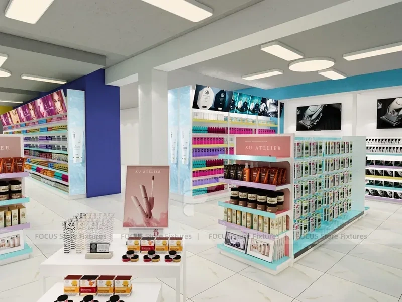 Compact Cosmetics Gondola and Wall Shelving Store Layout for Wig Shop