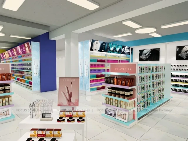 Compact Cosmetics Gondola and Wall Shelving Store Layout for Wig Shop