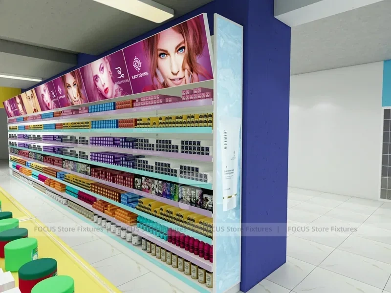 Compact Cosmetics Gondola and Wall Shelving Store Layout for Wig Shop