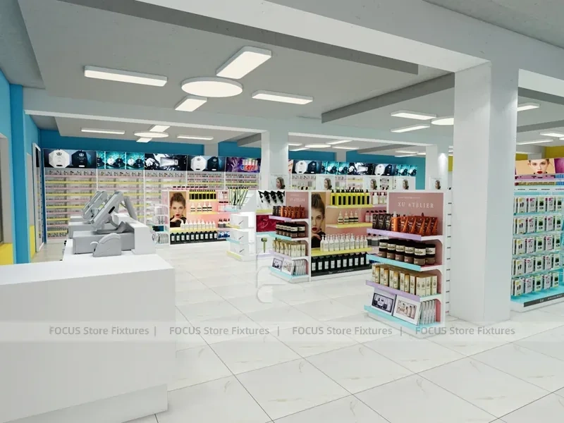 Compact Cosmetics Gondola and Wall Shelving Store Layout for Wig Shop