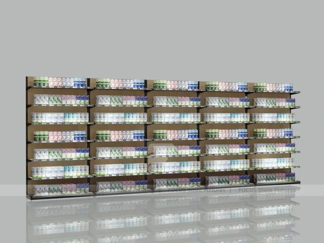 Extra Long Dark Beauty Supply Wall Shelving with LED for Wig Shop
