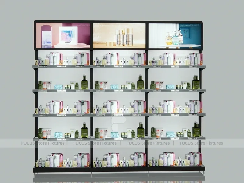 Extra Long Dark Beauty Supply Wall Shelving with LED for Wig Shop