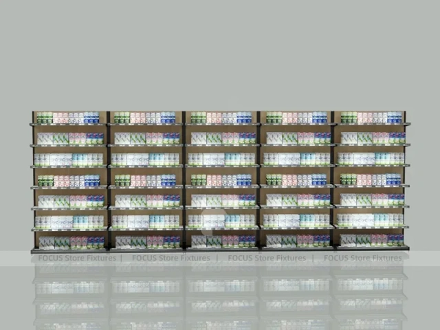 Extra Long Dark Beauty Supply Wall Shelving with LED for Wig Shop