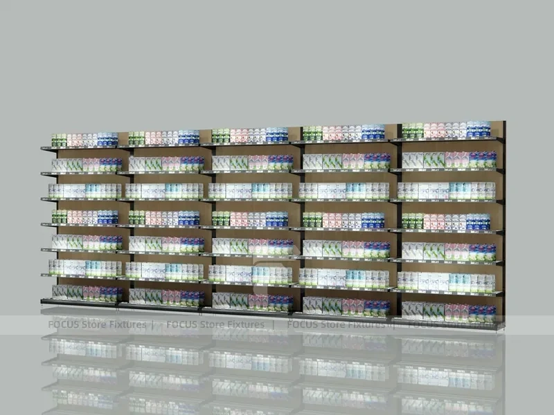 Extra Long Dark Beauty Supply Wall Shelving with LED for Wig Shop