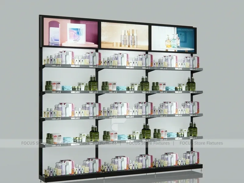 Extra Long Dark Beauty Supply Wall Shelving with LED for Wig Shop