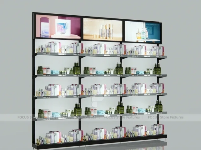 Extra Long Dark Beauty Supply Wall Shelving with LED for Wig Shop